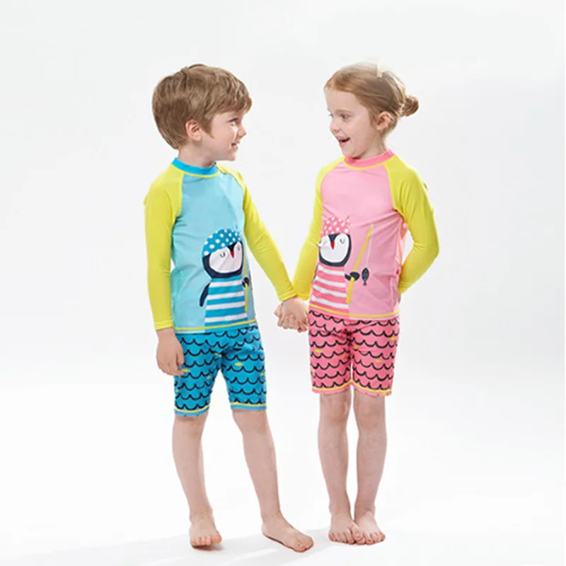 Vaikų du Pingvinas gabalas maudymosi kostiumėliai, vidutinių/didelių berniukų ilgomis rankovėmis Sun-proof Greitai sausas Plaukimo kostiumas Maudymosi kostiumas
