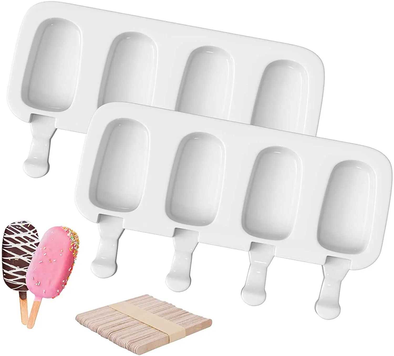 2vnt elipsės Popsicle Pelėsių su 50 Medinės Lazdos Daugkartinio naudojimo 4 Ertmių Naminiai Ledai Pelėsių Lengva Demold Mini Ledo Pop Padaryti
