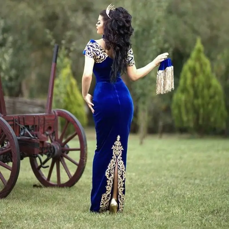 Bordo Maroko Caftan Vakarinę Suknelę Aukso Appliques Nėrinių Off Peties Royal Blue Velvet Arabų Undinė Prom Chalatai Skraiste