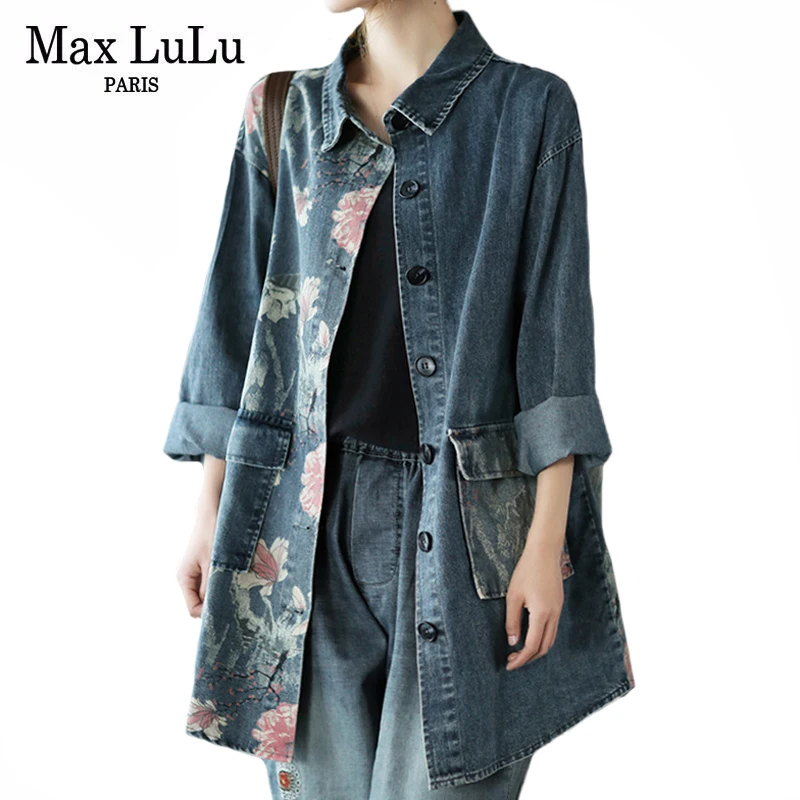Max LuLu 2021 Kinų Stiliaus Viršūnes Ponios Derliaus Gėlių Džinsinio Marškinėliai Moteriški Atsitiktinis Palaidų Spausdinti Palaidinės Kišenės Drabužius Didelis Dydis