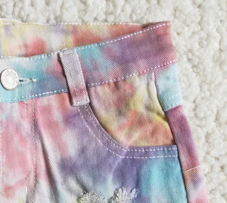 Tie dažai džinsai karšto parduoti naują produktą vaikams mergina kišenėje mygtuką elastinės juostos dizaino mados džinsinio šortai