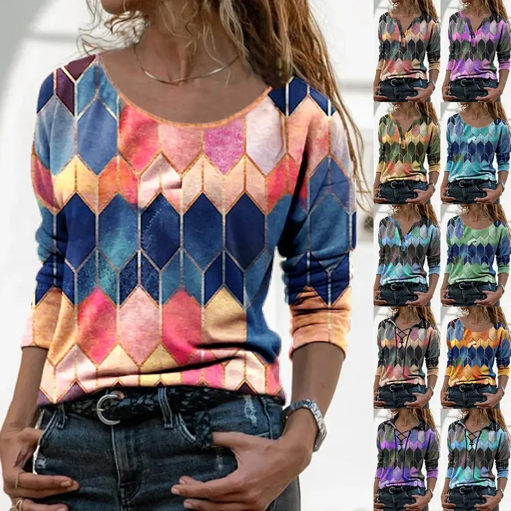 2021 3XL Spalvotų Geometrinių Spausdinti Moterys T-shirt, Derliaus Atsitiktinis Ponios Tshirts ilgomis Rankovėmis, O ant Kaklo Plius Dydis Marškinėliai Mujer