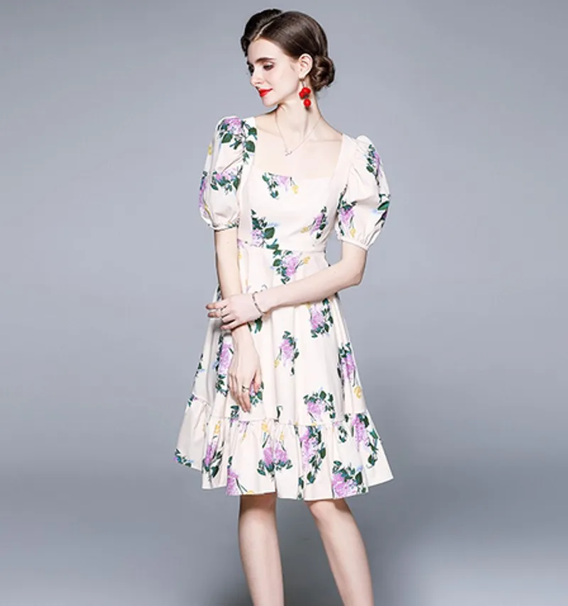 2021 vasaros Mados Dizaineris Suknelė Moterims sluoksniuotos rankovėmis Aikštėje Apykaklės Gėlių Spausdinti Atsitiktinis Aukšto Juosmens Šalis Suknelė