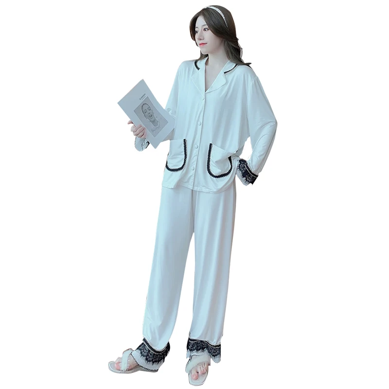 2021 Pižama nustatyti moterų springpure medvilnės nėriniai Manžetai Kelnės kostiumas ilgomis Rankovėmis Viršūnes su Ilgos Kelnės Namų Drabužius, naktiniai drabužiai
