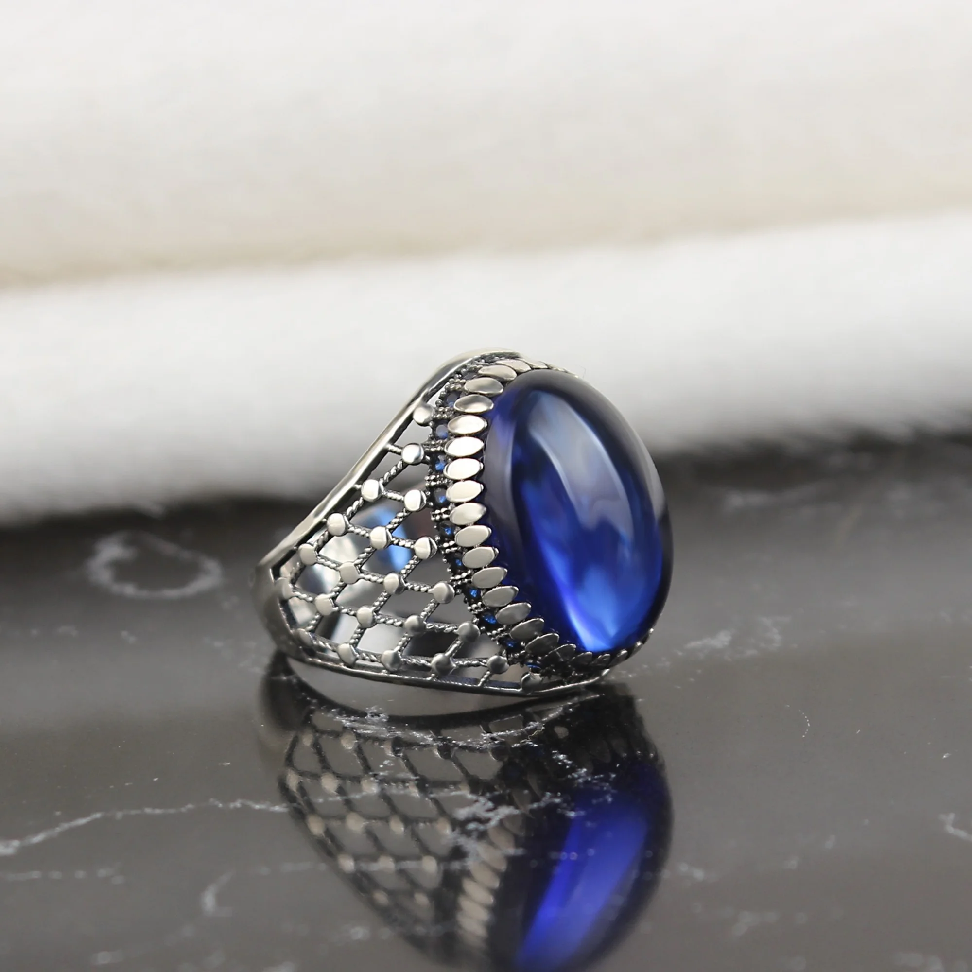 Vyriški žiedas 925 sterlingas sidabro turkų rankų darbo papuošalai mėlyna cirkonis akmuo, visi dydis
