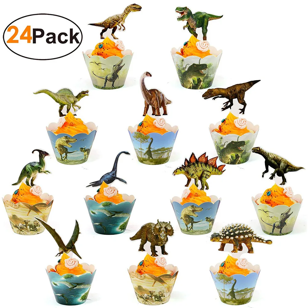 24pcs Dinozaurų Gimtadienis Cupcake Įpakavimo Rėžtuvės Pyragas Papuošalai Dinozaurų Reklama Šaliai Dekoro
