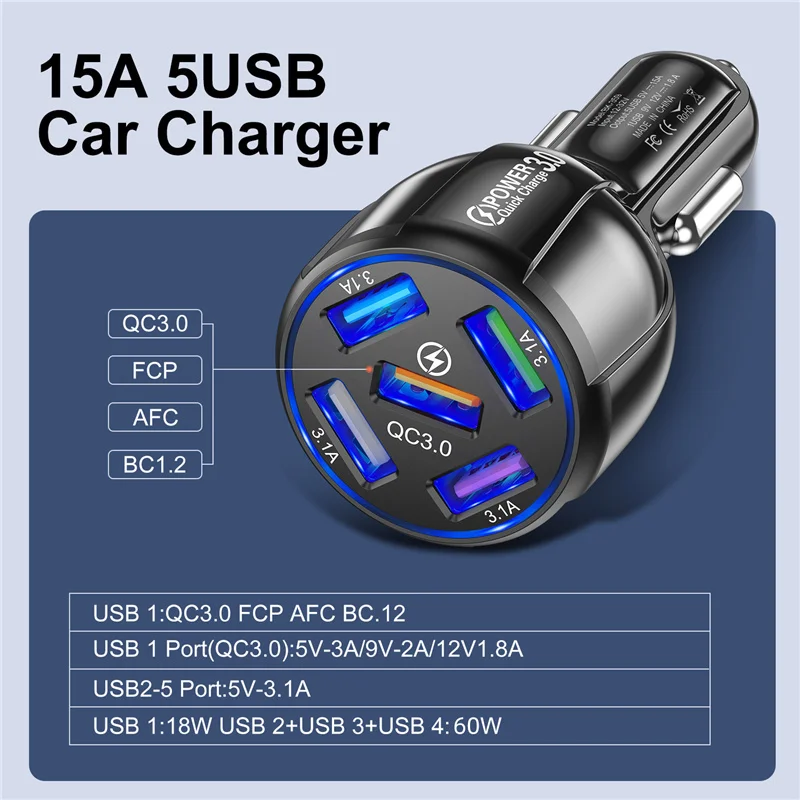 USLION 15A 5 Prievadai USB Automobilių Mokestį, Mini LED Greito Įkrovimo iPhone 12 Xiaomi 