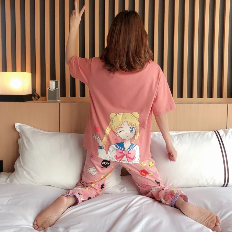 Kawaii Raudona Pižama Rinkinys Moterims Prarasti Negabaritinių Pižama Mielas Animacinių Filmų Modelis Vasaros Trumpomis Rankovėmis Moterims Sleepwear