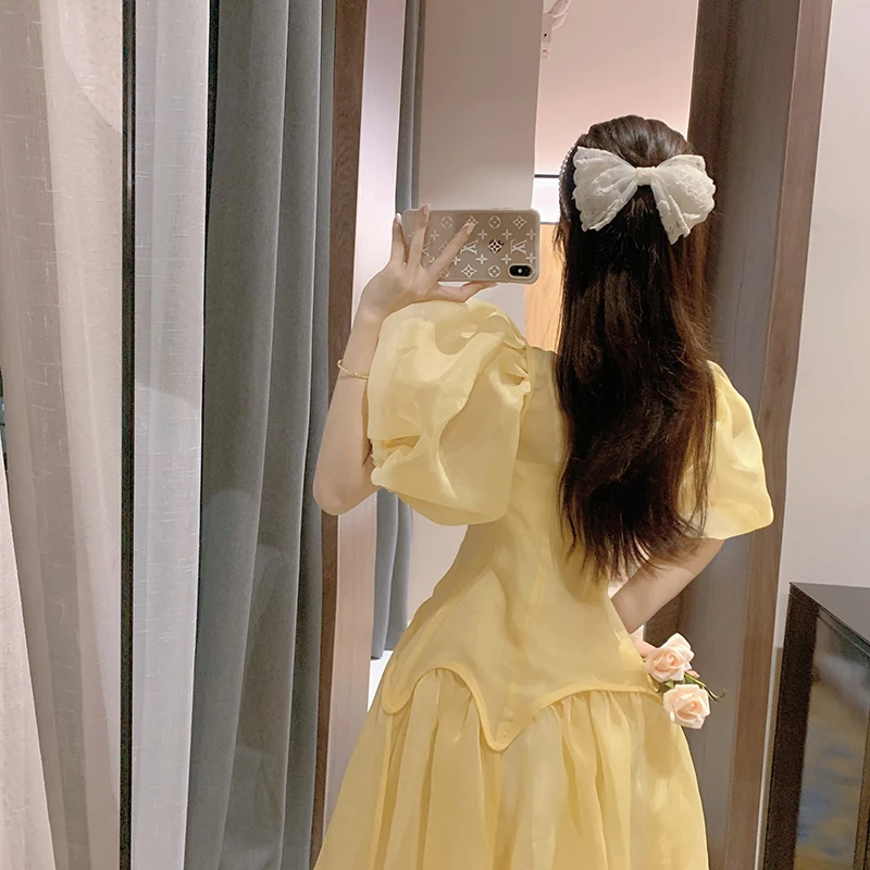 Prancūzijos Šviesą Saldus Kawaii Suknelė Moterims, Elegantiškas, Prašmatnus Pasakų Šalis Midi Suknelė Moteris Pasakos Sluoksniuotos Rankovėmis Mielas Korėjos Suknelė Vasaros 2021