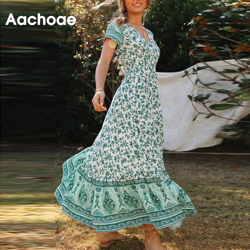 Aachoae Bohemijos Išspausdintas Ilgas Vasaros Suknelė Moterų V-Kaklo Linijos Mygtukai Atsitiktinis Suknelės 2021 Ponios Trumpomis Rankovėmis Beach Sundress