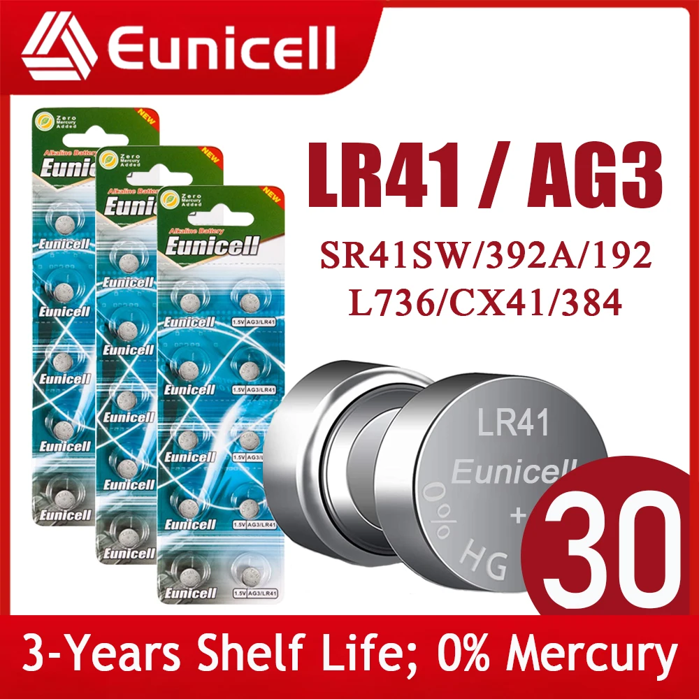 Eunicell 30pcs LR41 3TN 1,5 V Baterijos SR41SW CX41 SR41 L736 392 384 192 Šarminių Elementų Monetos Mygtuką Pilas Baterija Žiūrėti Žaislai