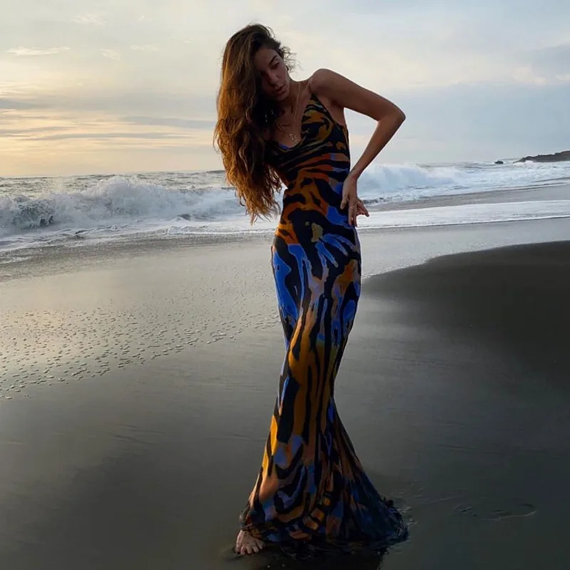 Backless Seksuali Suknelė Moterims Holiday Beach Sundress Bohemijos Spageti Dirželis Maxi Šalis Suknelės Moterims Gėlių Spausdinti Vestido 2021