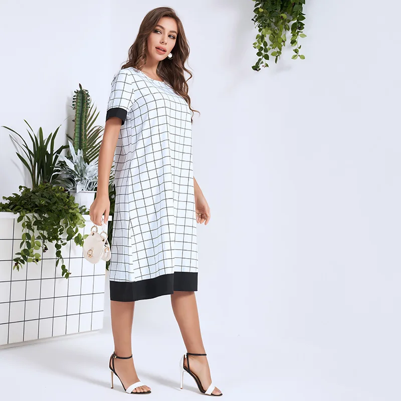 Nauja Vasaros Moterų Suknelė 2021 Balta Prarasti Pledas Geometrinis Modelis Paprastas Elegantiškas O-Kaklo trumpomis Rankovėmis Kelio ilgio Suknelė 