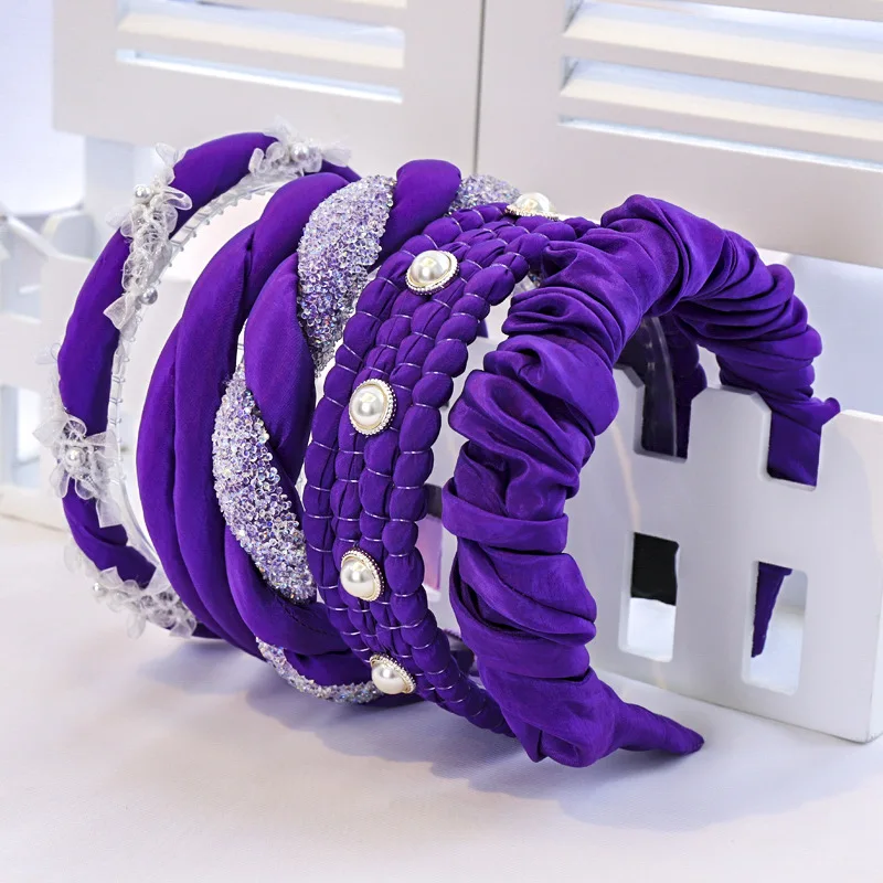 Moterų Violetinė Hairband Merginos DERLIAUS Lankelis Lady Nerijos Plaukų Aksesuarai Bezel Kartus Platus Turbaną Perlų Papuošalų Haarband R6