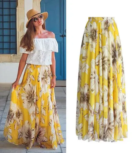 Meihuida 2020 nueva moda De gasa Boho Gėlių largo Maxi falda Faldas para sol damas P27 vacaciones De verano Faldas De Mujer