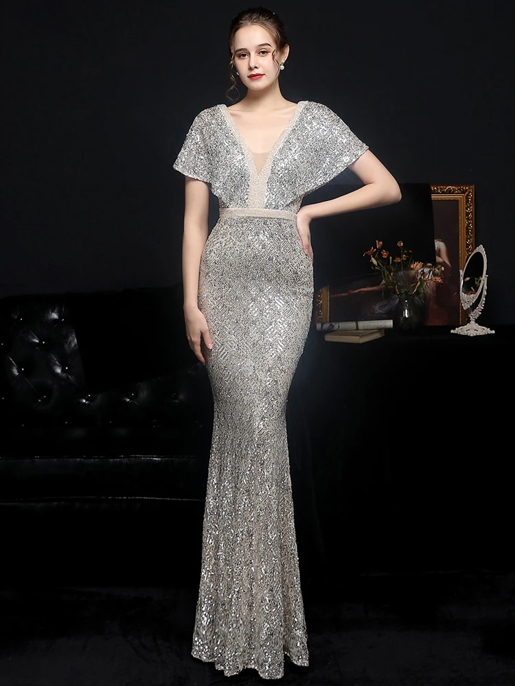 YIDINGZS Moterų Aukso China Suknelė V Kaklo Zawalcowany Šalies Maxi Suknelė Elegantiškas vakarinę Suknelę 2021