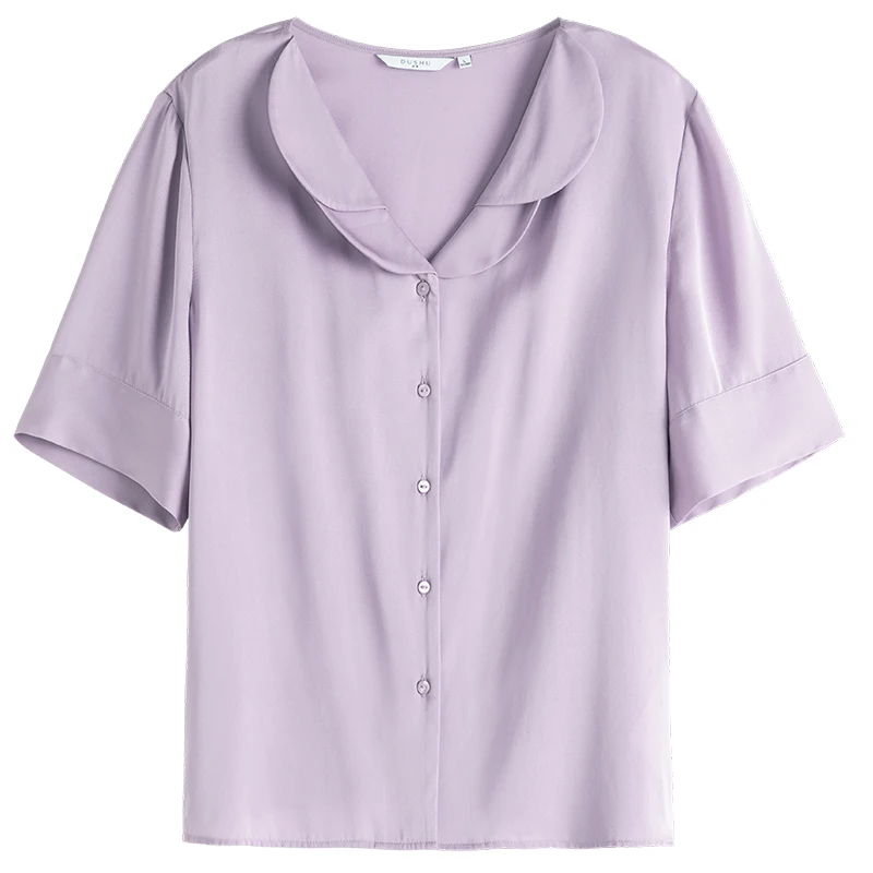 DUSHU Office Lady Šilko Purple Shirt Moterų trumpomis Rankovėmis 2021 M. Vasarą Naująjį V-kaklo Paprastas Atsitiktinis Moterų Viršūnių Drabužiai