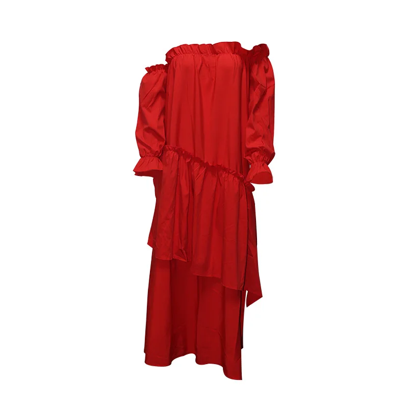 Moterų atsitiktinis mados ilga suknelė velniop kaklo nuo peties kietosios spalvos, raukiniai, klostės paryžiaus mados stilius vestidos feminino 2021