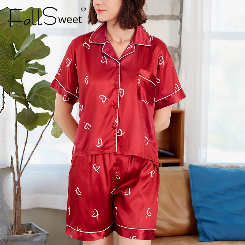 FallSweet Šilko Pižama Moterų Kostiumai su Šortai Sleepwear Spausdinti Pyjama Rinkiniai Namų Drabužių Pijama Mujer