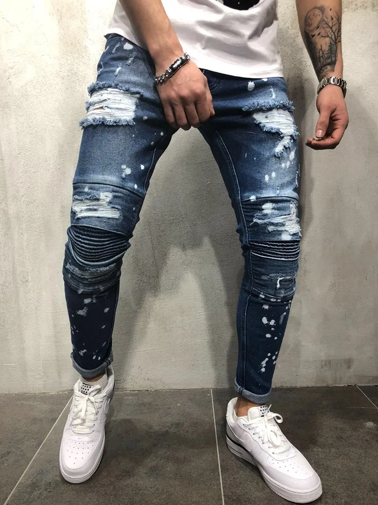 Streetwear Jeans vyriški Liesas Suplėšyti Plisuotos Kelio Ilgis Pleistras Elgeta Dažų Balta Dot Džinsus Ruožas Pieštuku Kelnės