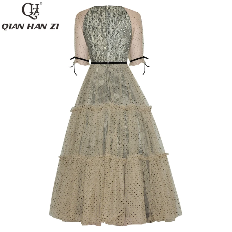 Qian Han Zi dizaineris vasaros mados suknelė Moterų trumpomis rankovėmis, Nėriniai siuvinėjimo derliaus Polka dot net gazas reljefiniai šalis suknelės