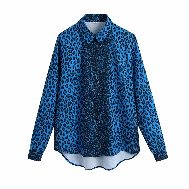Elegantiškas Moteris, Mėlyna, Leopardas Spausdinti Marškinėliai 2021 Mados Ponios Pasukite Žemyn Apykaklės Viršūnes Streetwear Moterų Prašmatnus Mygtuką Laisvi, Palaidinukės