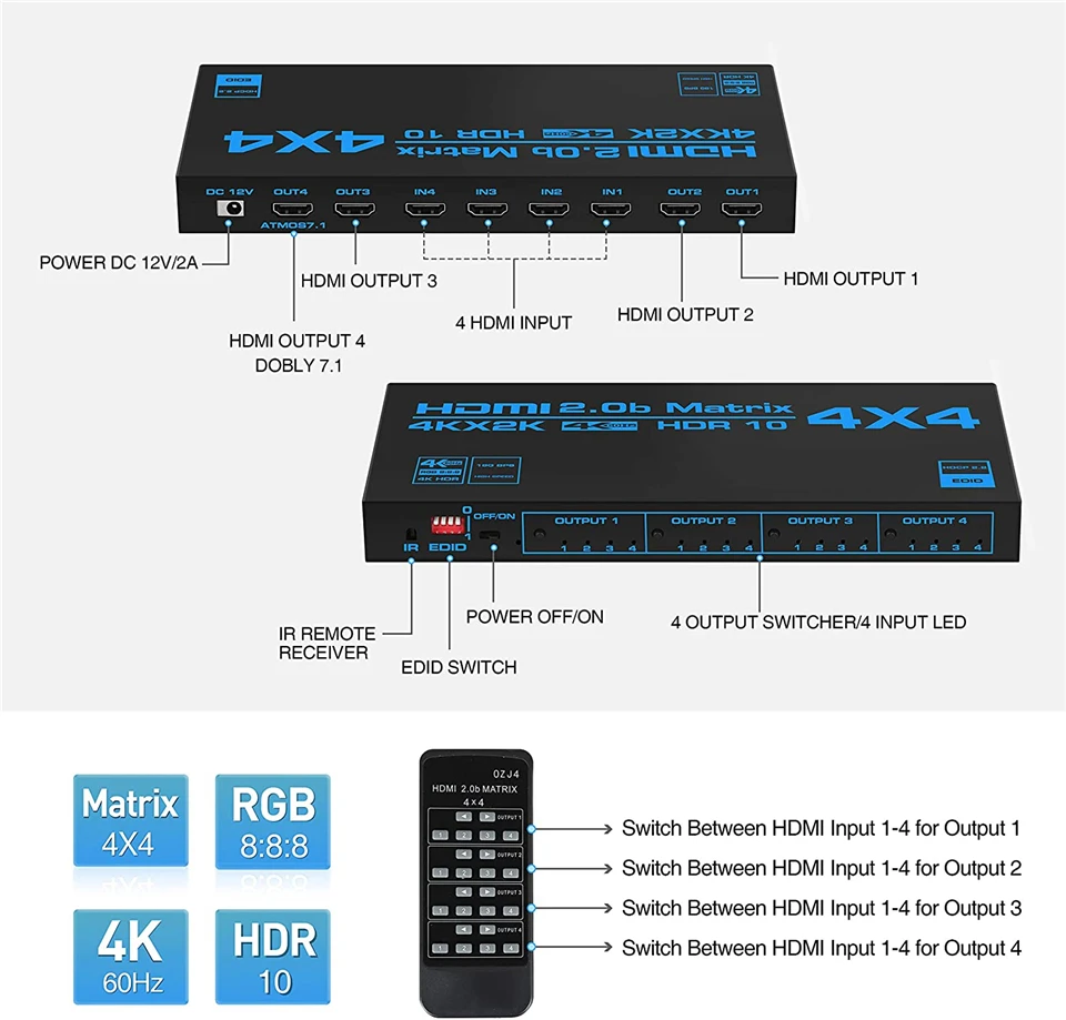 4x4 HDMI suderinamus Matricos Jungiklis Splitter su SPDIF & L/R, 3,5 mm HDR HDMI suderinamus Jungiklis 4x2 Parama HDCP 2.2 LANKO 3D 4K@60Hz