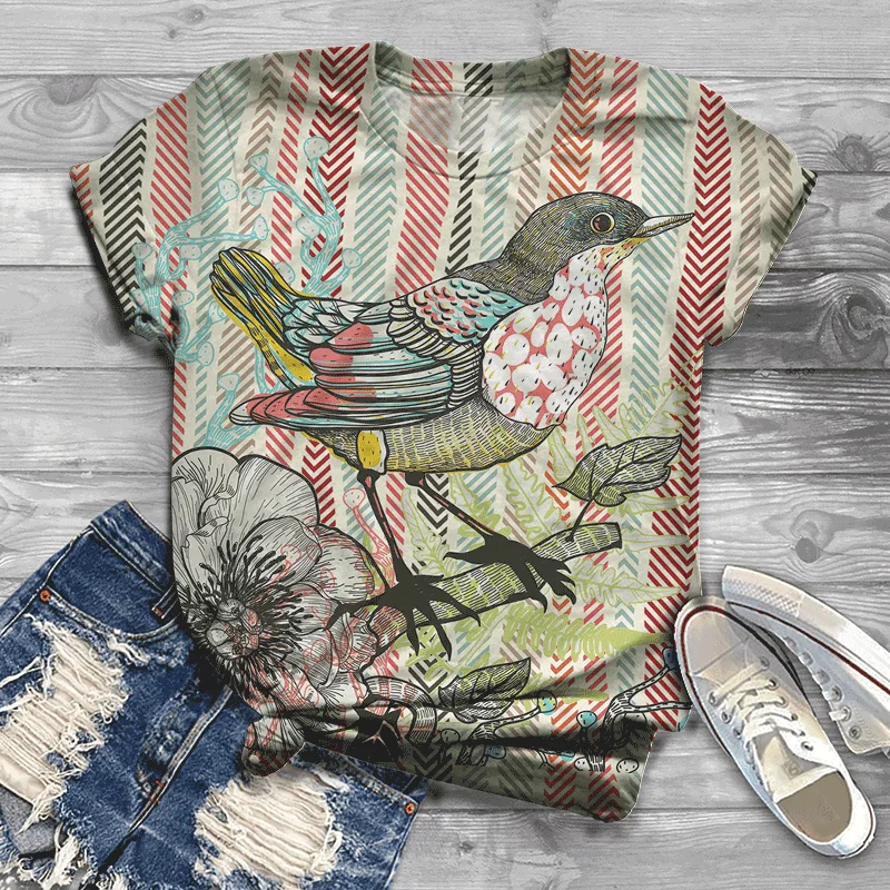 Harajuku 3D mielas ir gražus paukštis spausdinti O-kaklo viršų T-shirt moterims 