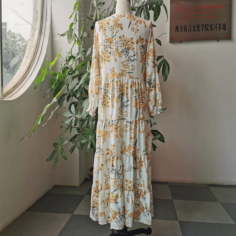 Gėlių Suknelė Ilgai Spausdinti Saldus Geltonas Korėjos Stiliaus Biuro Ponios Atsitiktinis Vestido Vienas Gabalas, Plisuotos Linija Patenka Moterys Maxi Suknelės