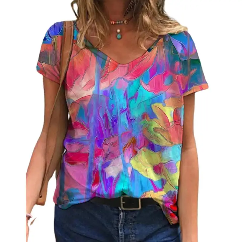 3D Kaklaraištis Dažų Gradientas Spausdinti Moterų Marškinėliai 2021 Naujas Vasaros trumpomis Rankovėmis V-Kaklo, Laisvi Viršūnes Atsitiktinis Negabaritinių Ponios Plius Dydis Tee Viršų