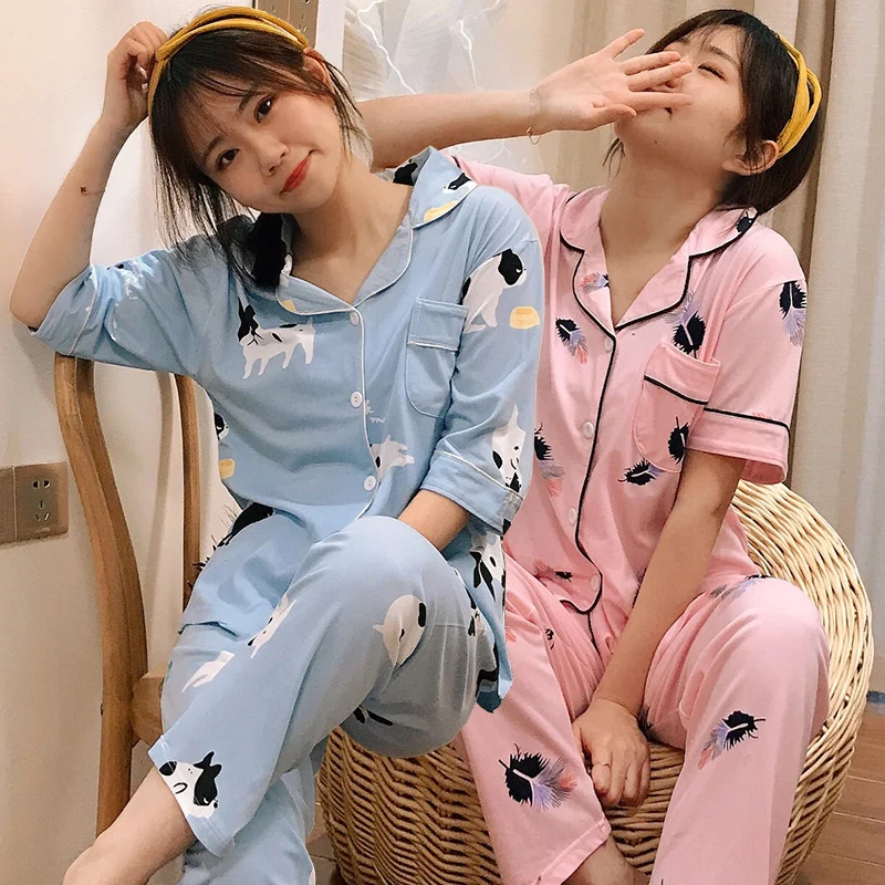 2021 Vasaros Trumpos Rankovės, Ilgos Kelnės Pajama Komplektai Moterų korėjos Spausdinti Sleepwear Kostiumas Pižamos Homewear Pijama Mujer Namų Drabužiai