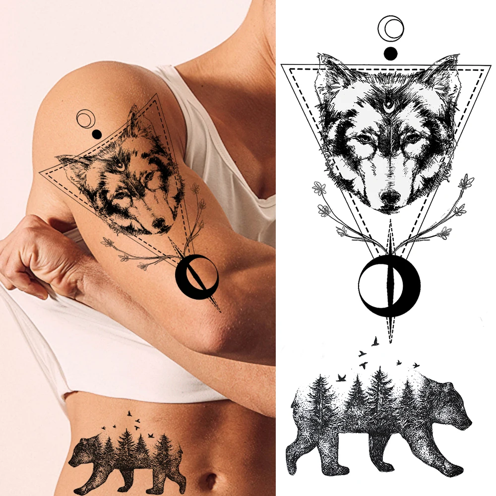 Geometrinis Vilkas Laikinos Tatuiruotės Lipdukas, Skirtas Moterims, Vyrams, Kūno Menas Rankos Tatoos Netikrą Turėti Planetų Vilkas Mirties Kaukolės Tatuiruotės Apdaila