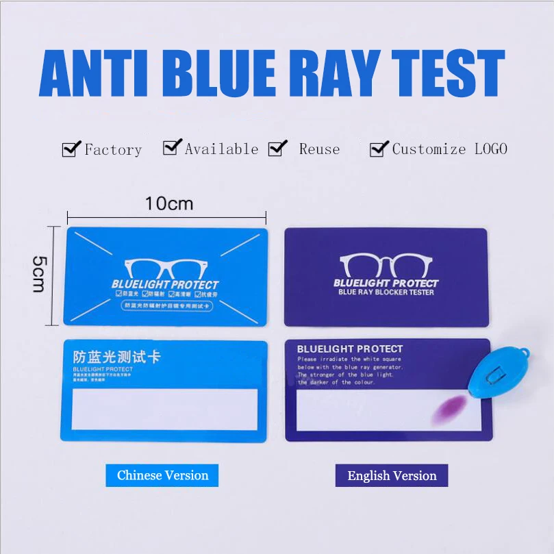 Anglų kalba PVC Anti-Mėlyna Šviesa Bandymo Kortelės šviesos UV400 akiniai, Aksesuarai, kortelės mėlynos šviesos aptikimo Generatorius Kortelę ir Temp