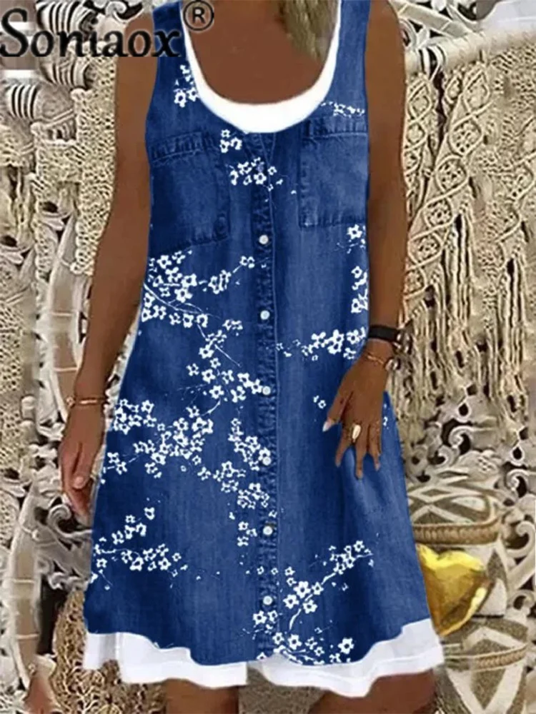 4XL Plius Dydis Moterų, Gėlių Spausdinti Suknelė Vasaros Atsitiktinis Netikrą Dviejų dalių 3D Skaitmeninis Spausdinimas Sundress Moterų O-Kaklo Skraiste Suknelė Femme