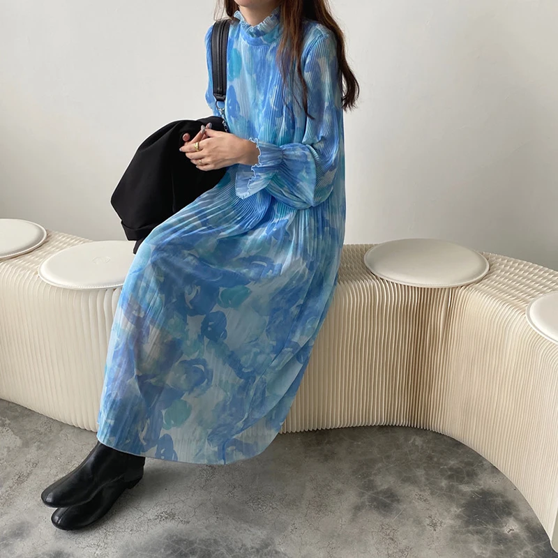 Mėlyna Raukiniai, Plisuotos Šifono Suknelė Moterų Ilgas Rankovėmis Varpo Spausdinami Ilgai Midi Suknelė Korėjos Laisvi Stovi Elegantiškas Kaklo Derliaus Z234