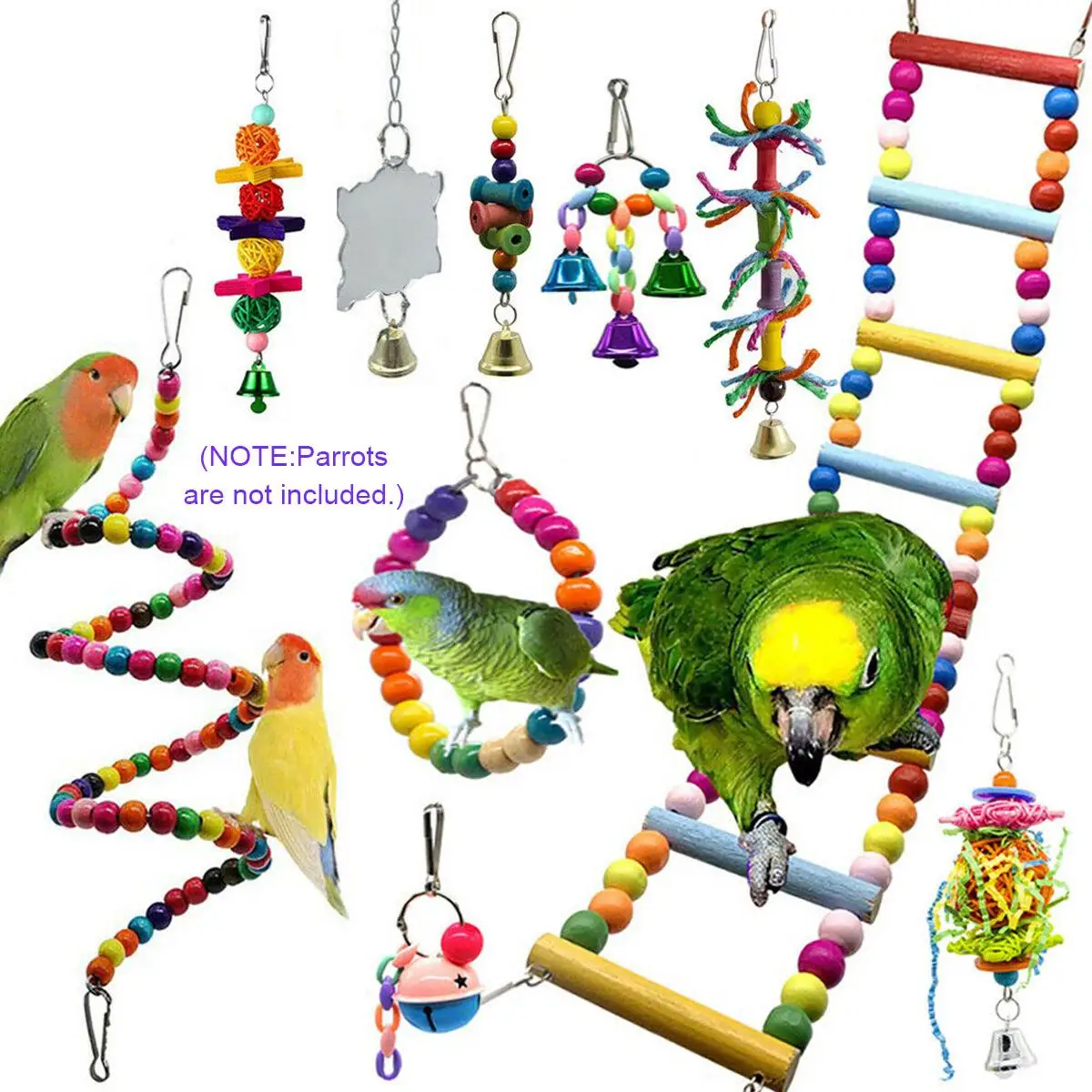 10vnt/Set Paukštis Narve, Žaislai Papūgos Patikimas Chewable Sūpynės Kabinti Kramtomoji Bite Tiltas Mediniai Karoliukai Rutulį Bell Žaislai