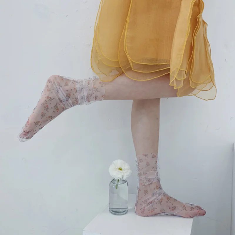 Seksualus Permatomas Tiulis Kojinės Moterims Ultra-plonas Spausdinti Gėlių Kojinės Kulkšnies Šifono Juokingas Kojines Femme Streetwear Calcetines Majur