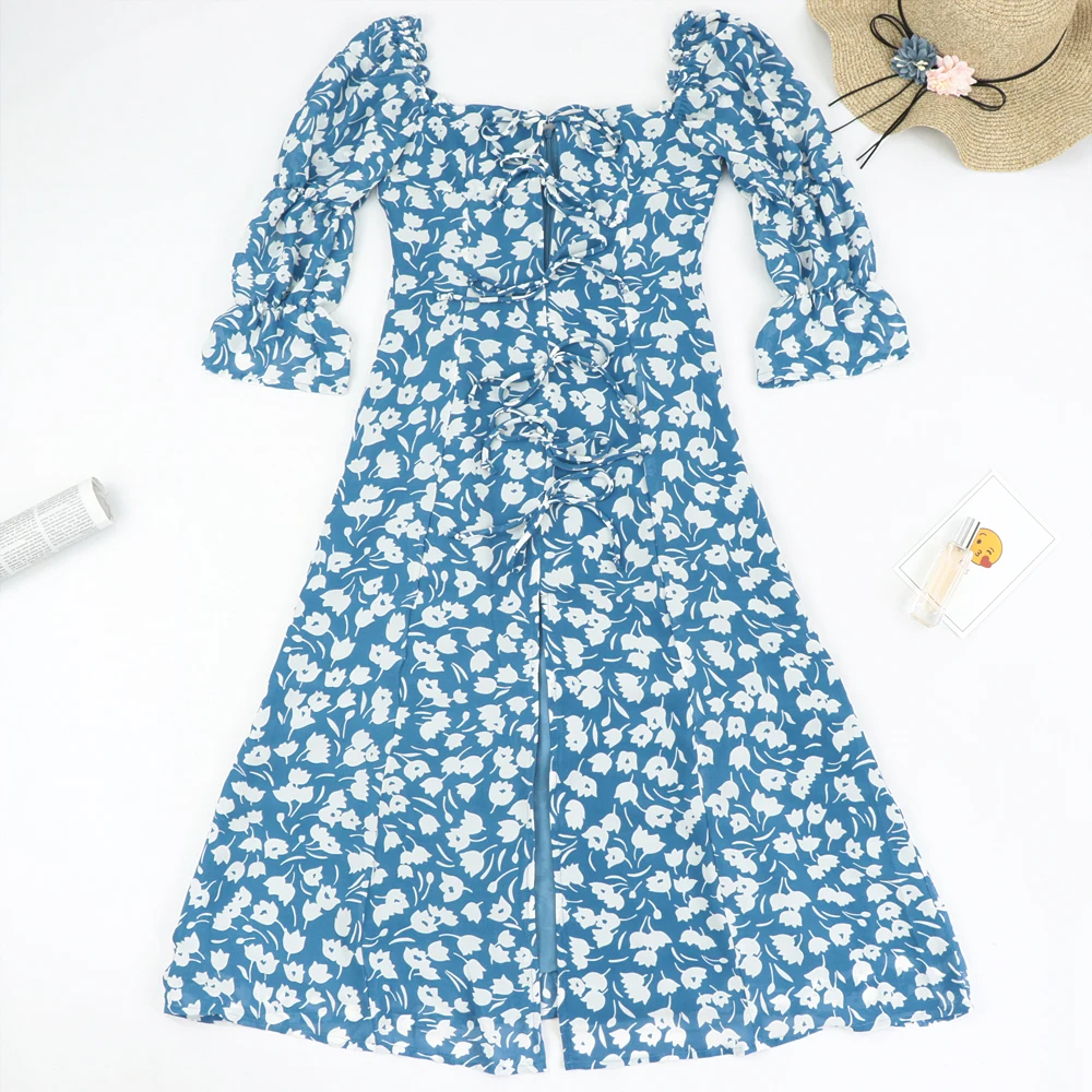 Vasarą Moterys atsitiktinis midi suknelė Padalinta vestido Vintage Blue Elegantiškas Centras Tvarstis Suknelės gėlių spausdinti lankas apdailos Slim suknelė