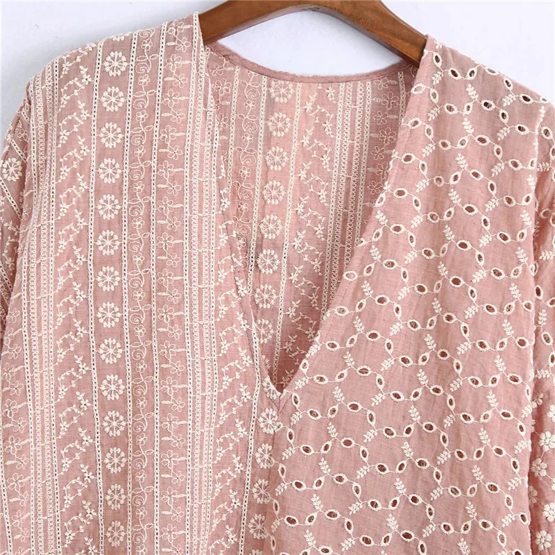 TRAF Za Siuvinėjimo Palaidinės, Marškinėliai Moterims 2021 Iškirpti Pink Gėlių Vasaros Top Moteris Derliaus Nėrimo ilgomis Rankovėmis Elegantiškas Palaidinukės