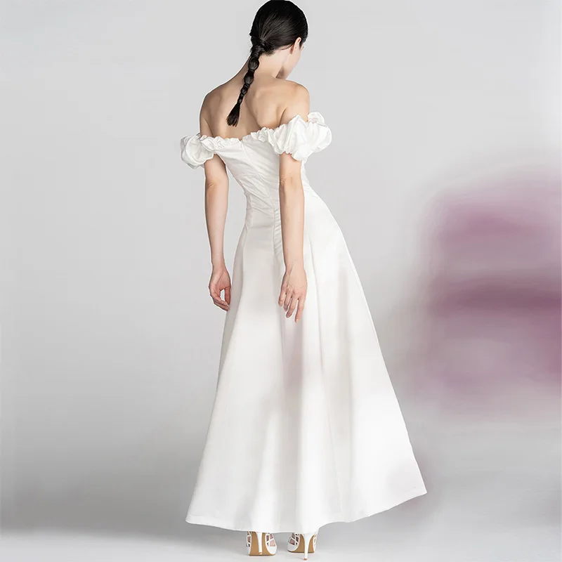Paprasta Vakaro Suknelės White Satin Prancūzų Stiliaus Valtis Kaklo Vestuves Chalatai Pusės Split Backless Vestido De Fiesta De Boda