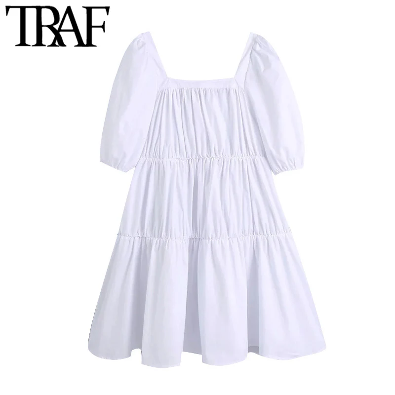 TRAF Moterų Saldus Mados sagomis, Pynimas Balta Mini Suknelė Vintage Aikštėje Apykaklės Sluoksniuotos Rankovėmis Moterų Suknelės Mujer