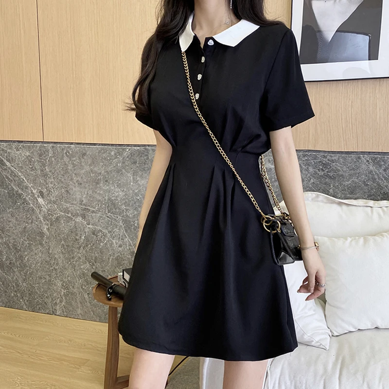 Korėjos Stiliaus Sundresses Moterims Vasaros 2021 Atsitiktinis prancūzijos Juoda Elegantiška Mini Suknelė Femles Dizaino Mygtuką Trumpas Rankovės Gotikos