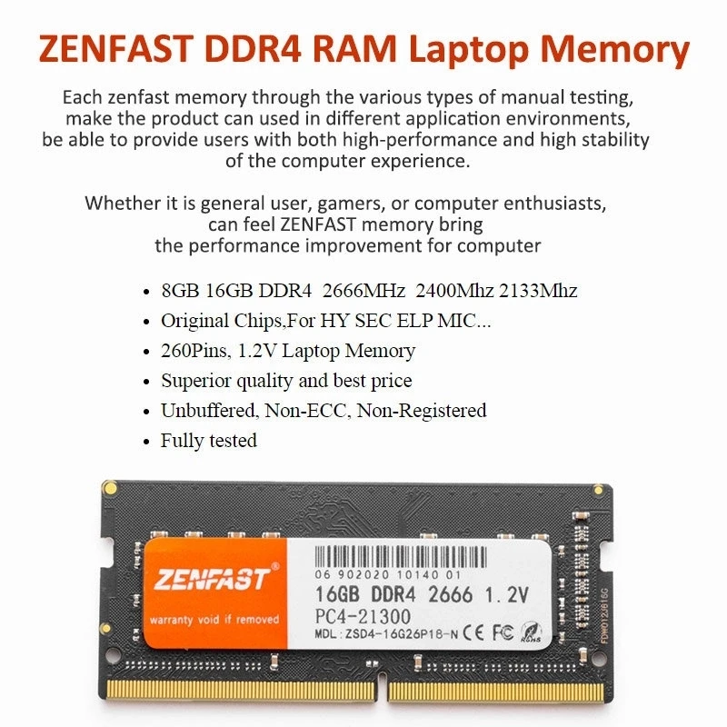 ZENFAST DDR3 DDR4 4GB 8GB 16GB Laptopo RAM 1333 1600 2133 2400 2666MHz Sodimm Už NB Aukštos Kokybės Chip Lifetime Garantija