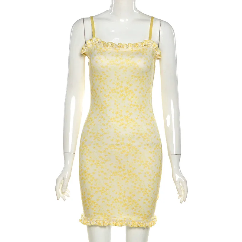 Moterų Mini Suknelės Elegantiškas Geltonas Seksualus Mados Rankovių Gėlių Raštas Bodycon Diržas Aukšto Juosmens Atsitiktinis-Line Suknelė Ponios