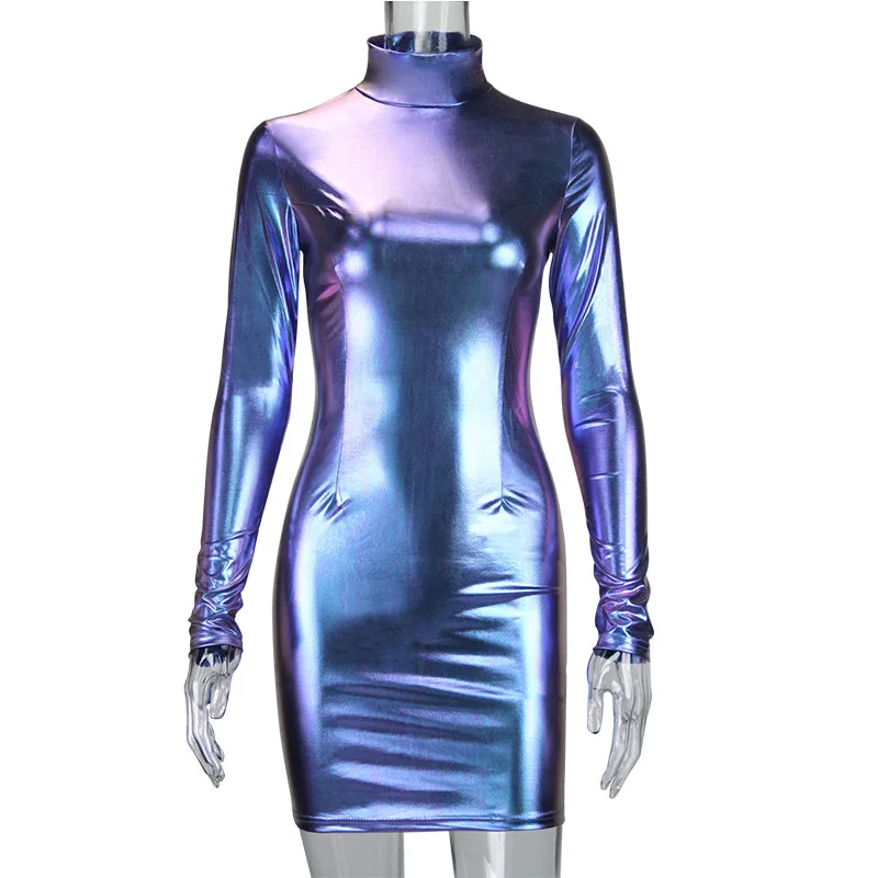 Ponios Atspindintis Holografinis Suknelė Vasaros Moterų Golfo Ilgomis Rankovėmis Mini Bodycon Suknelė Seksualus Metallic Suknelė Rave