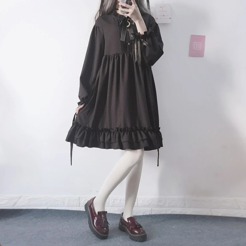 Japonijos Gotikos Moterys Juoda Pynimas Suknelė Žibintų Rankovės Lolita Stiliaus Studento Suknelė Saldus Kawaii Mielas Lankas Mergina Šifono Suknelė