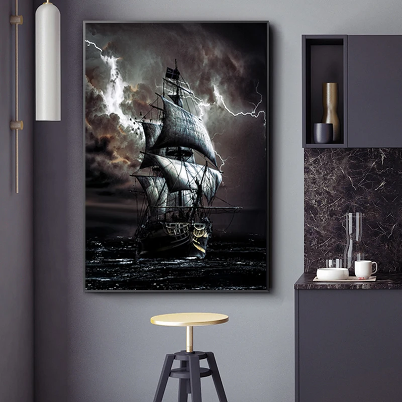 Piratų Laivas Aliejaus Tapybai Juoda burlaivis ant Drobės Jūra, Retro Plakato Biuro Kambarį Namo Apdaila Laivo Frameless Freskos
