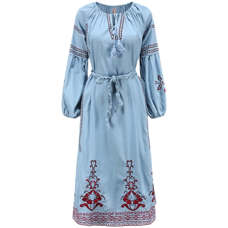 VGH Elegantiška Siuvinėjimas Spausdinti Suknelė Moterims V Kaklo Žibintų ilgomis Rankovėmis Aukštos Juosmens Nėriniai 