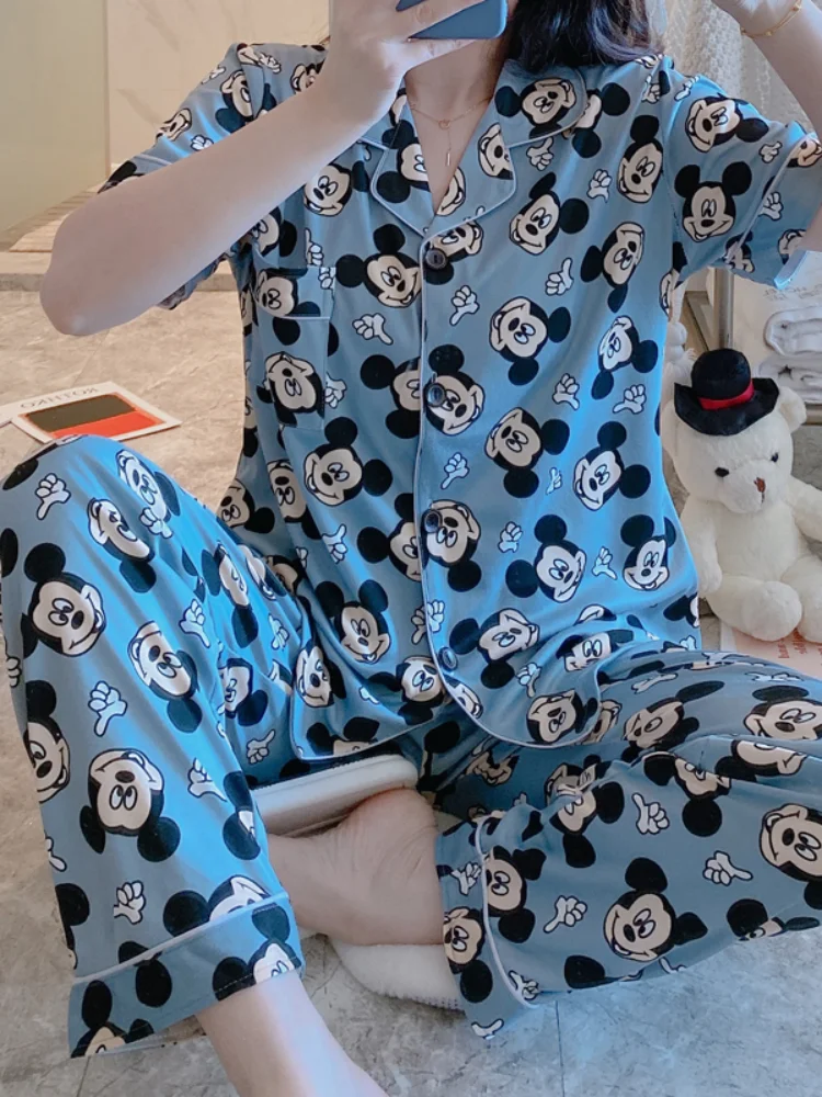 Pavasarį, Vasarą, Megztos Medvilnės Pižama Rinkiniai Moterims Mickey Mouse Pižamos Sleepwear Naktiniai Drabužiai Pijama Mujer Plius Dydžio Kelnės Homewear