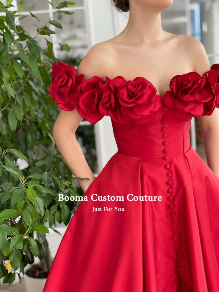 Booma Raudonos Spalvos Taftos Prom Dresses Off Peties, Rankų Darbo Gėlės Ritininės-Line Vakare Chalatai Susegamas Ilgai Oficialią Suknelės, Šaliai